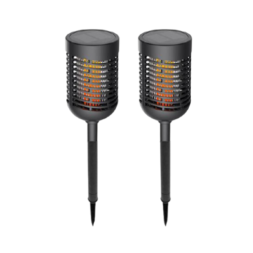 GREENSTRIKE 2-IN-1 Solar Zapper & Flame Torch Stake Light (2 Pack) with flickering flame effect and insect zapping feature.