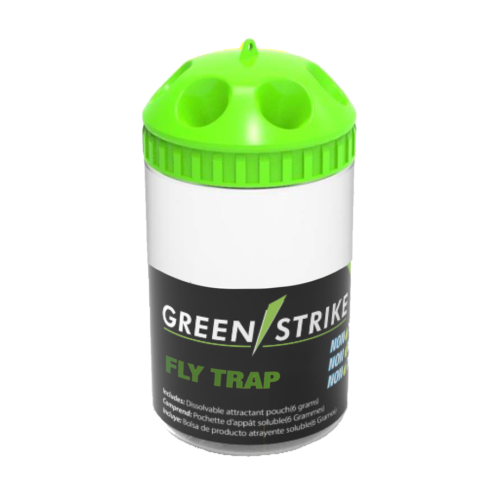 GREENSTRIKE Large Fly Trap (32 oz.) with a food-grade attractant and innovative 6-hole cap design for higher effectiveness.