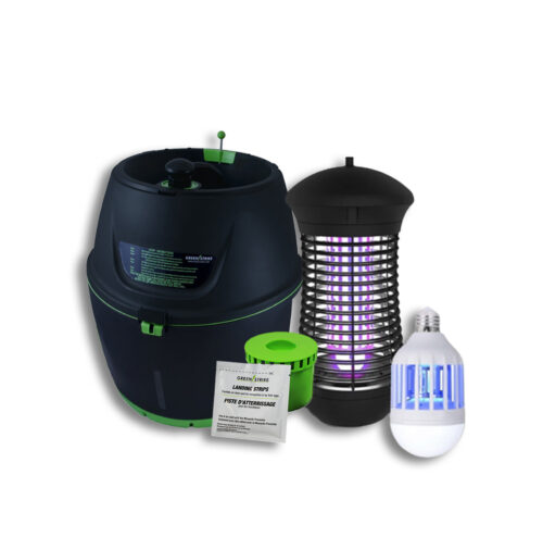 GREENSTRIKE 3LD Manual Mosquito Solution Bundle featuring the Manual Mosquito Preventer 2.0, Flying Insect Zapper Electra Series 1800, and LED Zapping Bulb